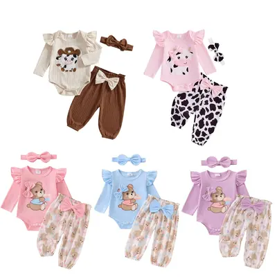 Newborn Baby Girl Western Outfits Ruffle Long Sleeve Cartoon Bear Romper Tops Elastic Waist Bow Pants with Headband 3Pcs Cowg...