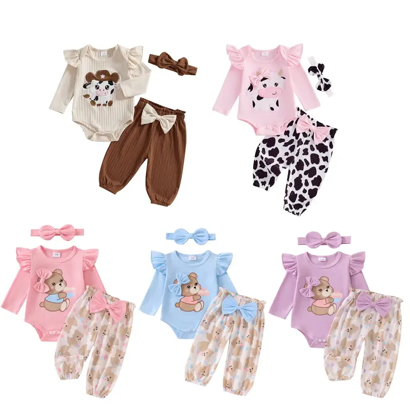 Newborn Baby Girl Western Outfits Ruffle Long Sleeve Cartoon Bear Romper Tops Elastic Waist Bow Pants with Headband 3Pcs Cowg...