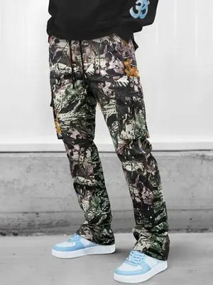 Unisex Men's All Over Print Pocket Tie Front Cargo Pants, Loose Street Fashion Elastic Waist Trousers for Daily Wear, Menswea...
