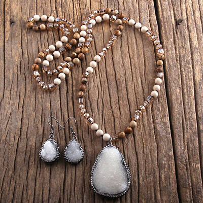 Teardrop Bohemian Style Glass with Natural Picture Jasper Pendant Necklace & Dangle Earrings Sets