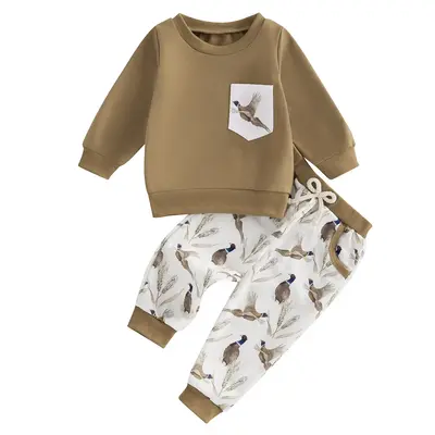 Toddler Baby Boy Hunting Outfit Mallard Duck Pocket Long Sleeve Sweatshirt Pullover Tops Duck Print Pants Set 2Pcs Fall Winte...