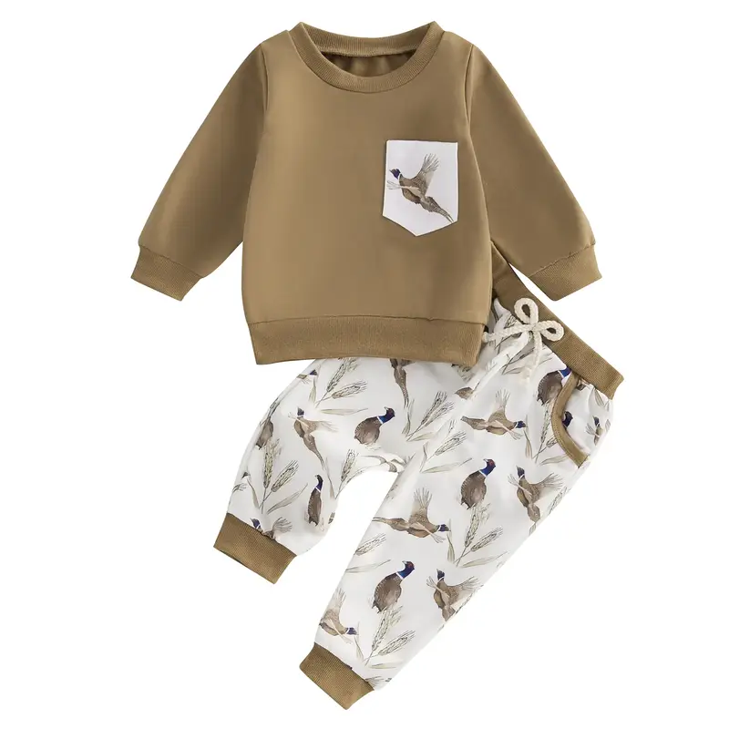Toddler Baby Boy Hunting Outfit Mallard Duck Pocket Long Sleeve Sweatshirt Pullover Tops Duck Print Pants Set 2Pcs Fall Winte...