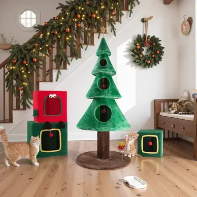 SHA CERLIN Christmas Tree Cat Tower with Ornament Balls & Cozy Condo - Holiday Themed Cat Activity Center for Indoor Kittens ...