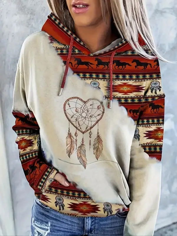 Women's Ethnic Pattern Patchwork Horse Print Drawstring Hoodie, Casual Long Sleeve Drop Shoulder Hooded Sweatshirt for Daily ...
