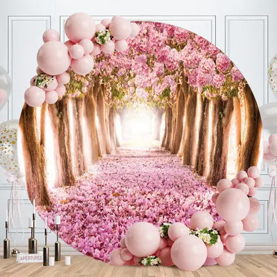 Aperturee Pink Floral Trees Road Scenery Round Spring Backdrop