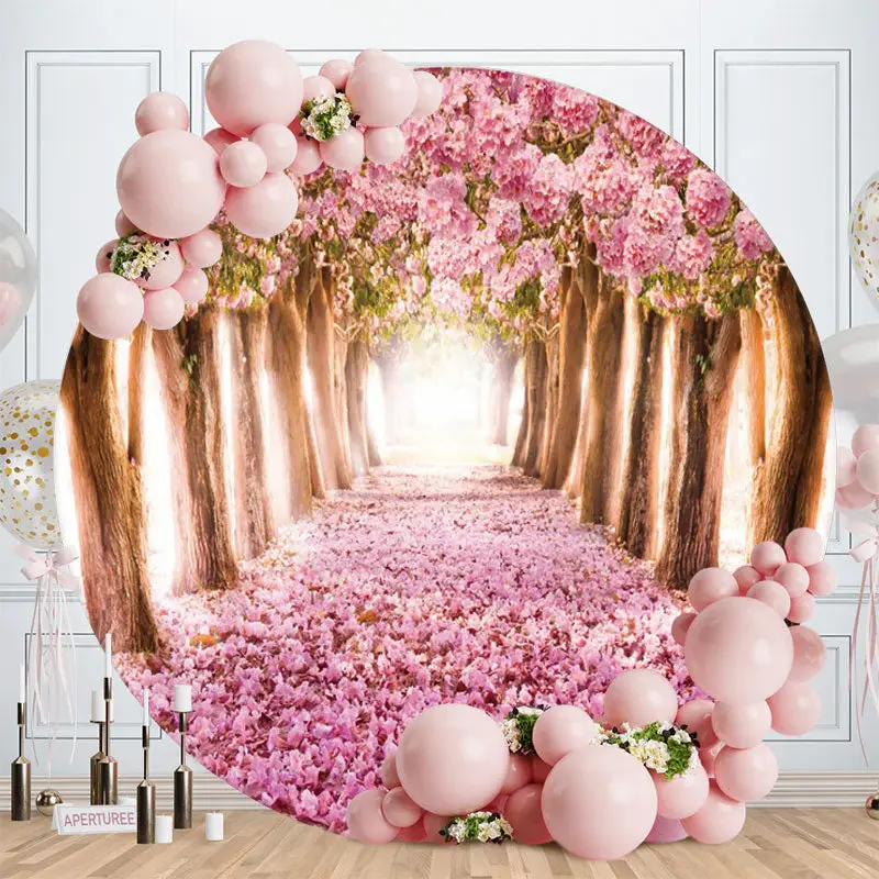 Aperturee Pink Floral Trees Road Scenery Round Spring Backdrop