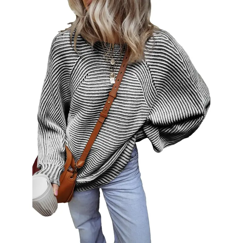 EVALESS Sweaters for Women Oversized Crewneck Batwing Sleeve Knitwear Casual Ribbed Two Tone Striped Thick Pullover Sweater 2...
