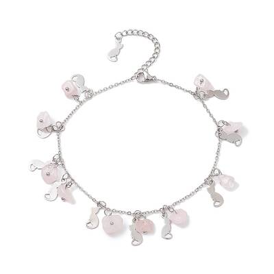Natural Rose Quartz Chips & Cat Charms Anklet