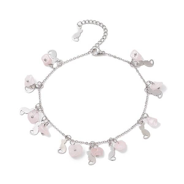 Natural Rose Quartz Chips & Cat Charms Anklet