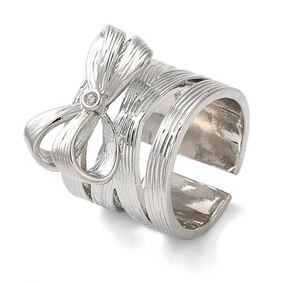 Brass Micro Pave Cubic Zirconia Bowknot Open Cuff Wide Rings for Women