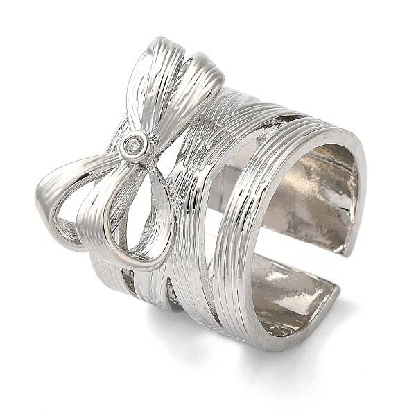 Brass Micro Pave Cubic Zirconia Bowknot Open Cuff Wide Rings for Women