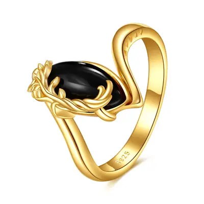 Sterling Silver with Gold Plated Oval Cut Agate Leaves Ring