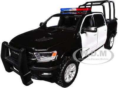 2019 RAM 1500 Laramie Crew Cab Pickup Truck with Bed Cage Black and White with Flashing Light Bar and Front and Rear Lights a...