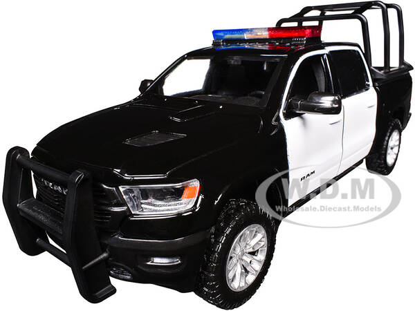 2019 RAM 1500 Laramie Crew Cab Pickup Truck with Bed Cage Black and White with Flashing Light Bar and Front and Rear Lights a...