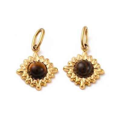 304 Stainless Steel Pave Natural Tiger Eye Rhombus Charms