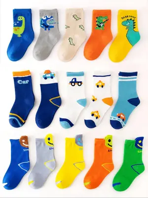Boy's 15 Pairs Cartoon Pattern Calf Socks, Cute Soft Comfortable Breathable Socks for Daily Wear, Kid's Socks for All Season...