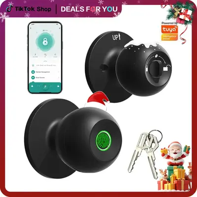 Smart Fingerprint Door Lock with APP Control & Emergency Key - Black ABS+PC Material - 7.5cm x 7.5cm x 5.9cm - Keyless Entry ...