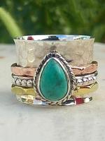 Women's Turquoise Water Drop Decor Alloy Ring, 2024 New Style Layered Design Ring for Women Men, Boho Style Textured Metal Ri...