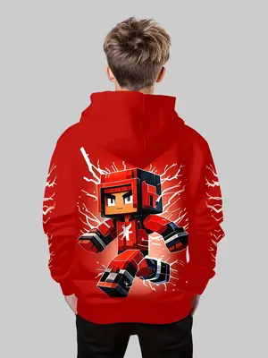 Pixel Warrior Hoodie for Boys, Anime Theme Casual Wear, Comfortable Daily, Stylish Kids Clothing for All Seasons