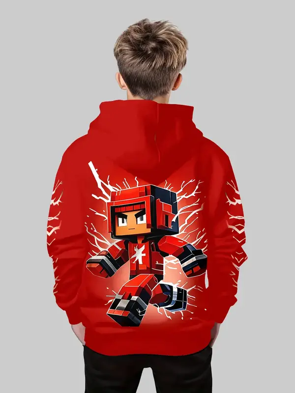 Pixel Warrior Hoodie for Boys, Anime Theme Casual Wear, Comfortable Daily, Stylish Kids Clothing for All Seasons