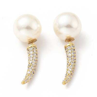 Clear Cubic Zirconia Horn with Acrylic Pearl Front Back Stud Earrings