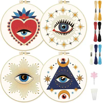 Evil Eye Pattern Embroidery Starter Kit for Embroidery Cloth, Embroidery Hoop Set, Embroidery Floss Set, Diy Cross Stitch Emb...