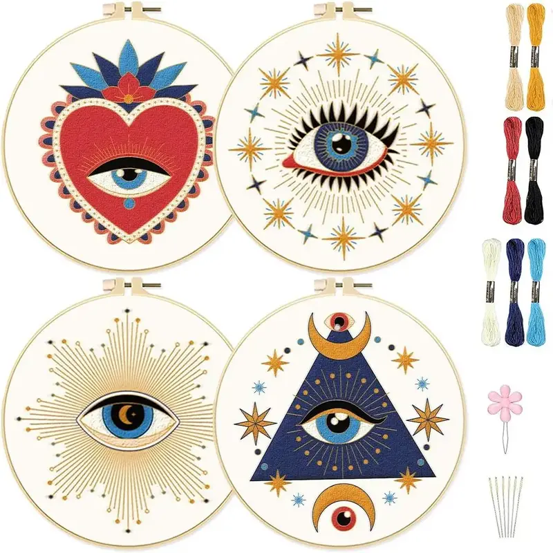 Evil Eye Pattern Embroidery Starter Kit for Embroidery Cloth, Embroidery Hoop Set, Embroidery Floss Set, Diy Cross Stitch Emb...