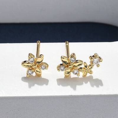 Flower Brass Micro Pave Clear Cubic Zirconin Stud Earrings