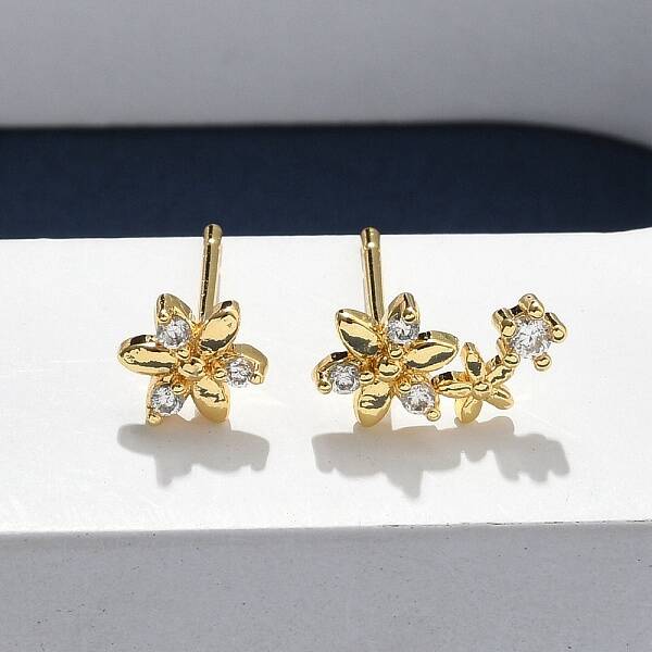 Flower Brass Micro Pave Clear Cubic Zirconin Stud Earrings