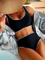 Women's Contrast Binding Bikinis Set, Solid Color U Neck Bikini Top & Cheeky Triangle Swim Bottoms Swimwear Set, Bathing Sui...