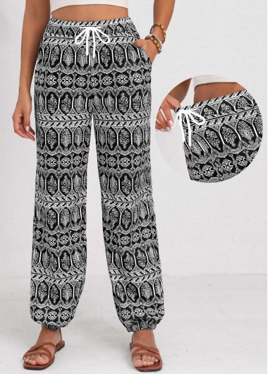 Modlily Black Drawstring Tribal Print Jogger Elastic Waist Pants - M