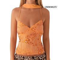 Womens Y2k Sequin Halter Crop Top with Neck Scarf Sexy Backless Pearl Embellished Beaded Cami Party Going Out Tops Sleeve Wom...