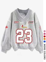 Women's Number Print V Neck Sweatshirt, Casual Long Sleeve Pullover for Fall & Winter, Women's Clothes for Daily Wear, Lady W...