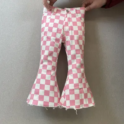 Girl Bell Bottom Jeans Pink Plaid Valentines Day Clothing Party Wear