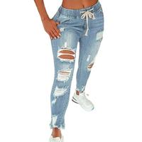 Spring and Summer 2025 New Women's Denim Elastic Waist Women's Jeans High Waist Ripped Ankle-Tied Lace-up Trousers Womenswear...
