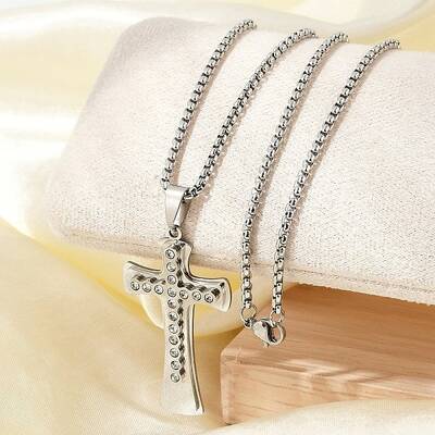 304 Stainless Steel Clear Cubic Zirconia Religion Cross Pendant Box Chain Necklaces for Men