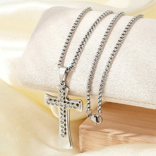 304 Stainless Steel Clear Cubic Zirconia Religion Cross Pendant Box Chain Necklaces for Men