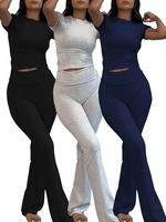 Women's Solid Loungewear Set, CasualShort Sleeve Crop Top & High WaistFlared Leg Pants, Ladies SleepwearPajamas for All Seaso...