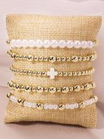 Boho Style Faux Pearl Decorated Bracelet Set, Fashion Cross Charm Beaded Bracelet for Women & Men, Trendy All-match & Exquisi...