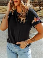 Women's Floral Embroidered Solid Color Round Neck Short-sleeved T-Shirt, Casual Top for Summer Daily Wear, Ladies Clothes