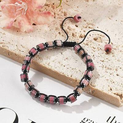Adjustable Natural Wood Lace Stone and Non-magnetic Synthetic Hematite Braided Bead Bracelets