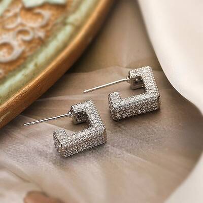 Square Box Design Brass Micro Pave Clear Cubic Zirconia Stud Earrings for Women