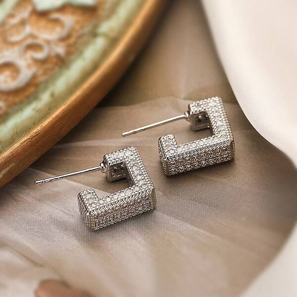 Square Box Design Brass Micro Pave Clear Cubic Zirconia Stud Earrings for Women