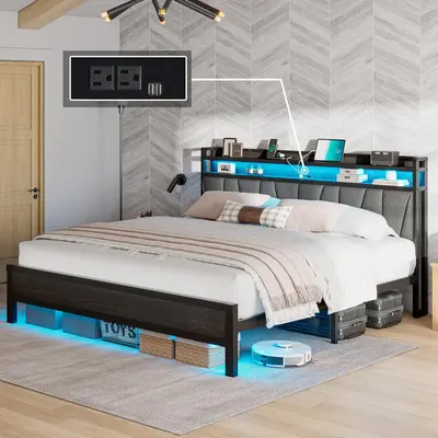 AMERLIFE Bed Frame with LED Lights and Charging Station, Modern Upholstered Headboard with 2-Tier Storage, Interior Metal Pla...