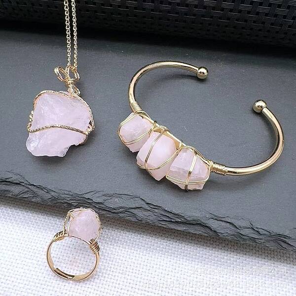Wire Wrapped Nuggets Natural Rose Quartz Pendant Necklace & Cuff Bangle & Rings Sets