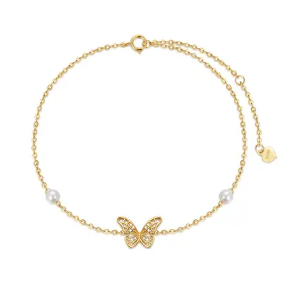 Sterling Silver with Yellow Gold Plated Pearl Butterfly Single Layer Charm Anklet