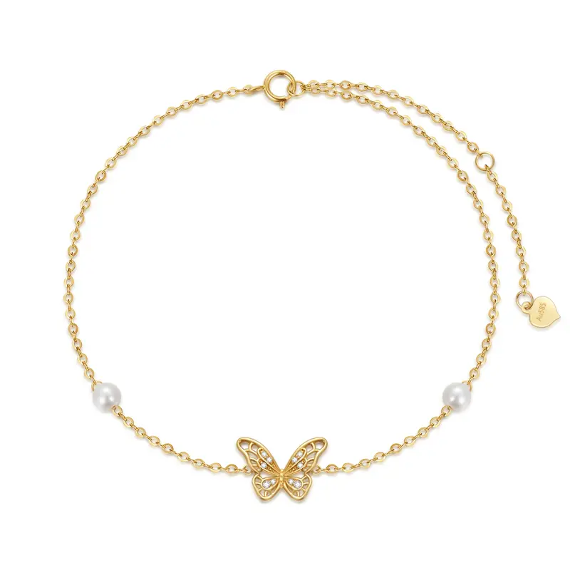 Sterling Silver with Yellow Gold Plated Pearl Butterfly Single Layer Charm Anklet
