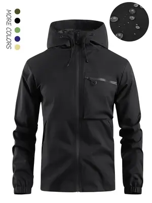 Men's Solid Pocket Drawstring Zip Up Hooded Waterproof Jacket, Regular Fit Casual Long Sleeve Windproof Jacket for Fall & Win...