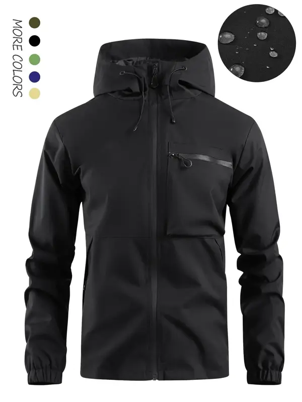 Men's Solid Pocket Drawstring Zip Up Hooded Waterproof Jacket, Regular Fit Casual Long Sleeve Windproof Jacket for Fall & Win...
