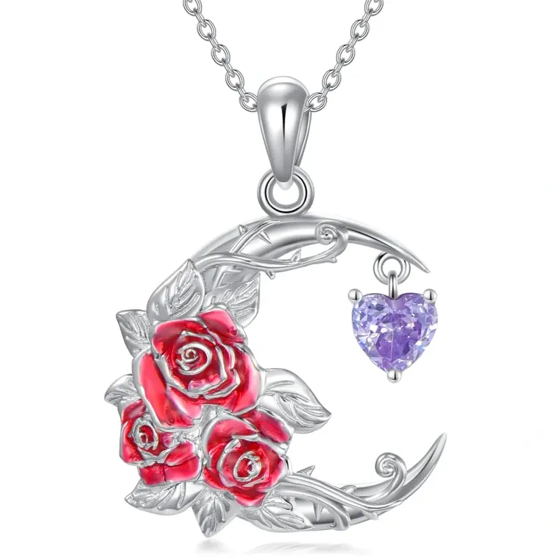 Sterling Silver Personalized Birthstone Rose & Heart Moon Necklace for Women